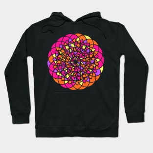 Random geometric repeated elements in digital mandala in bright neon colors Hoodie